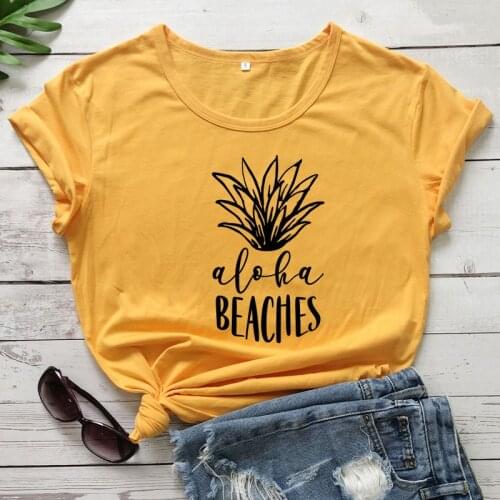 Aloha Beaches Pineapple T-shirt Funny Hawaii Beach Tshirt Women Summer Vacation Graphic Party Yellow Top Tee Shirt Dropshipping
