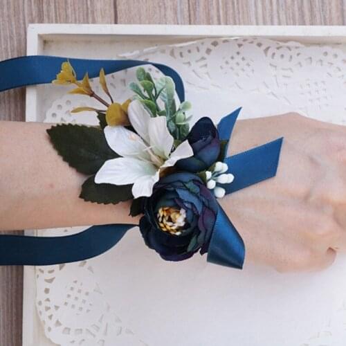 Artificial Rose Bridal Wedding Wrist Corsage Blue Hand Flowers Groom Boutonniere Man Pin Suit Corsage For Mariage Party Guest