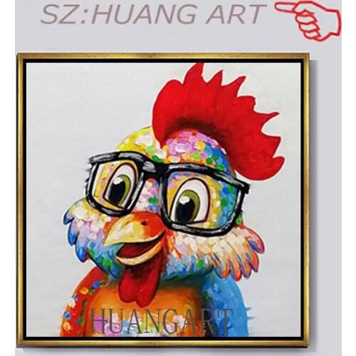 Cute Chicken Pictures Pure Hand Painted Cartoon Animal Oil Painting Artwork Canvas Wall Art For Children Bedroom Room Dec