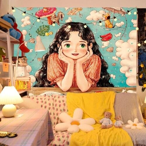 Kawaii Girl Tapestry Wall Hanging Bohemian Room Decoration Sofa Backdrop Bedroom Wall Cloth Decor Dorm Desk Window Tapestries