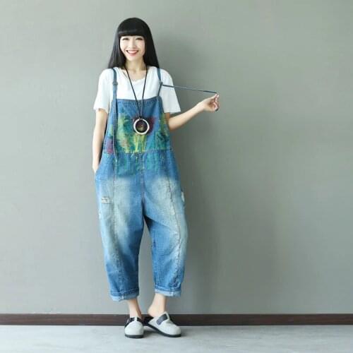 Vintage Retro Hippie Boho Hip Hop Overalls Harem Vintage Print Casual Pantalon Femme Cotton Denim Jeans Pants for Women Trousers