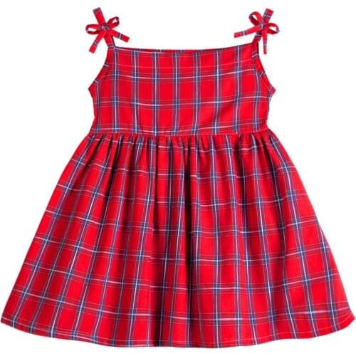 Korean girls' dress pure cotton plaid sling dress bow knot 100 fold girls dress classic plaid childrens dress