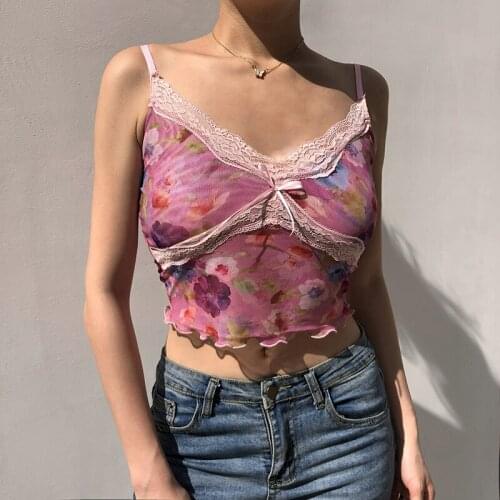 Women’s Crop Tops Shirt Personality Printing Camisole Summer Sexy Flounce V-neck Mesh Yarn Exposed Navel Tops Vest Streetwear