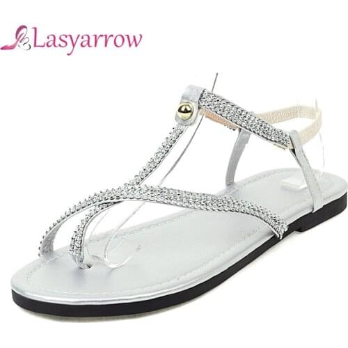 Lasyarrow 2021 Women Sandals PU Leather Crystal Summer Flat Heels Casual Round Toe T Strap Buckle Female Shoes Size 36-42