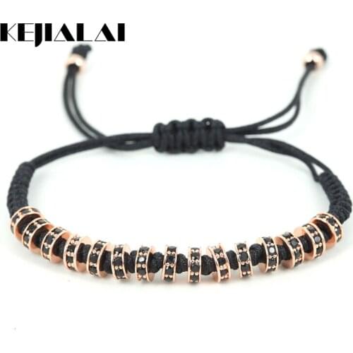 Fashion Anil Arjandas Men Bracelets,Rose Gold Micro Pave Black CZ Stoppers Beads Briading Macrame Bracelet , Christmass Gift