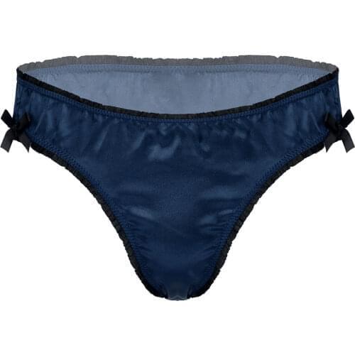 Mens Wetlook Hot Sissy Bikini Briefs Low Waist Elastic Waistband Panties Bottoms Frilly Bowknot Decor Satin Lingerie Underpants