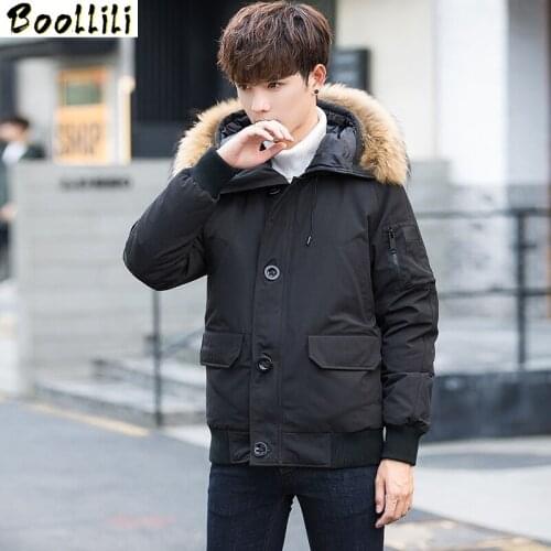 Boollili Down Coat Winter Mens Hooded Large Fur Collar Down Jacket Men Short Thick Warm Student Jackets Parka Abrigo Hombre