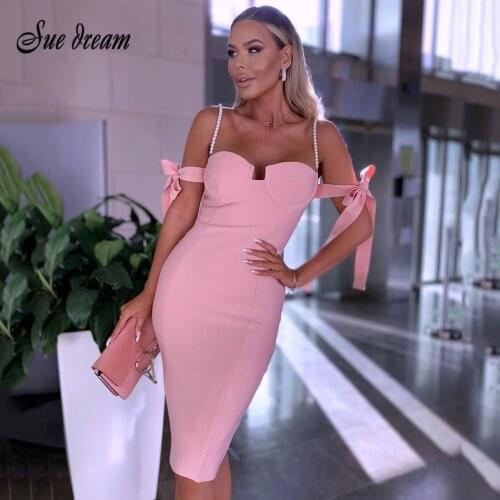 2021 Summer New WomenS Off-The-Shoulder Bow Bandage Dress Sexy Spaghetti Pearl Midi Bodycon Club Celebrity Party Dress Vestidos