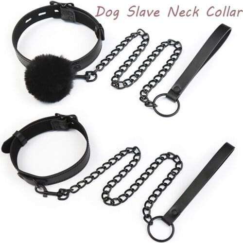 Leather Sex Restraint Dog Slave Neck Collar With Hairball Metal Chain Neck Bondage Bdsm Choker Necklace SM Game Couple Sex Toys