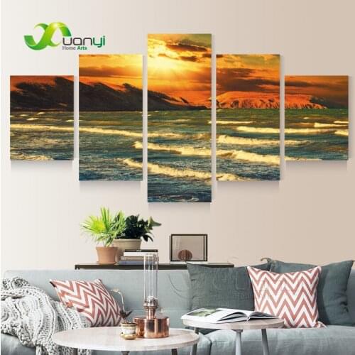 Large 5 Panel Canvas Art Sunset Seascape Paintings HD Poster Print Home Decor Wall Art Sunrise Seascape Canvas Painting Unframed