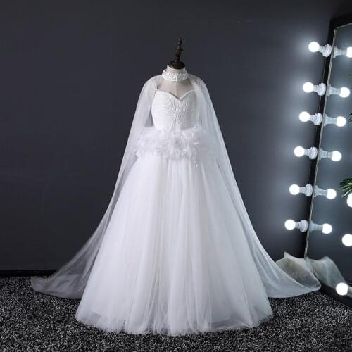 Flower Girl Dresses Sleeveless Tulle Lace V-Neck Pearls Sequined Embroidery Princess Spaghetti Straps White Kids Party Gown H590