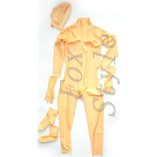Full body close-fitting latex catsuits in flesh color open crotch