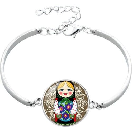 Russian Matryoshka Doll Bangle Bracelet Traditional Glass Cabochon Pendant Bracelets Charm Accessories