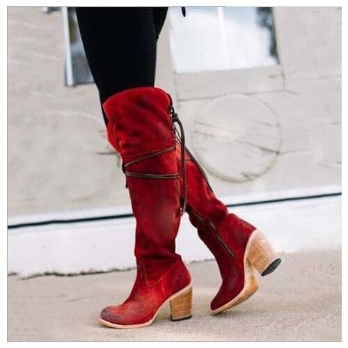 Overknee Boots High Heel Retro Womens High Tall Cowgirl Combat Suede Booties Red Black Goth Chunky Long Ladies Booties Shoes