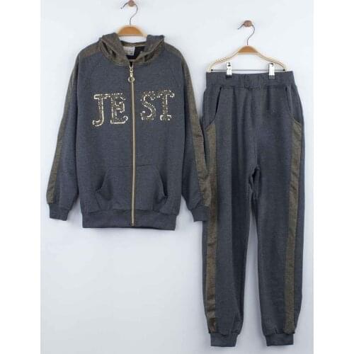 Grey girls seasonal bottom tracksuit top hooded sweat 2 piece tracksuit set models