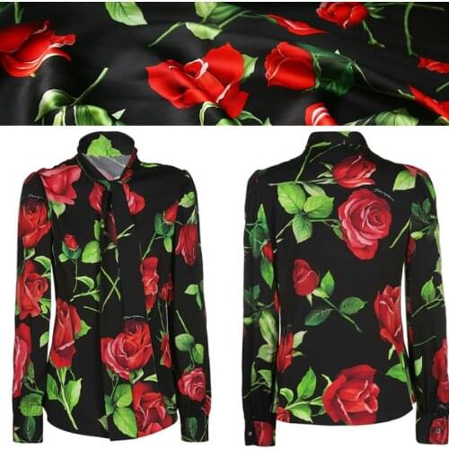 50x150cm Italy D brand rose printed chiffon womens skirt handmade diy custom clothing polyester stretch satin fabric cloth