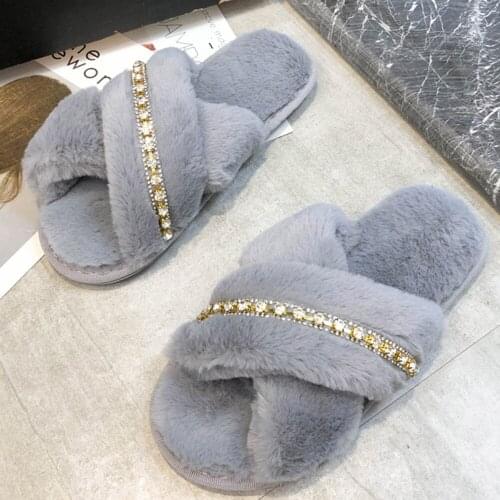 Women Slippers Cozy Floor Indoor Rhinestone Cross Open toe Slides Female Slip On Furry Flip Flops Warm Shoes Home Slippers hh124
