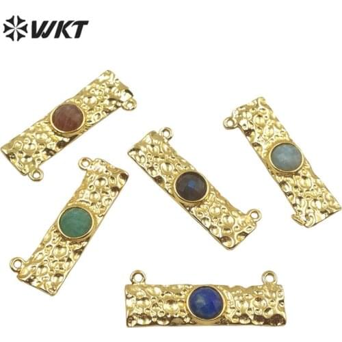 WT-P1518 WKT Natural Stone Pendant Lapis/labradorite/sun quartz/amazonite/Aqua Gold Electroplated Double Loops Pendant Jewelry