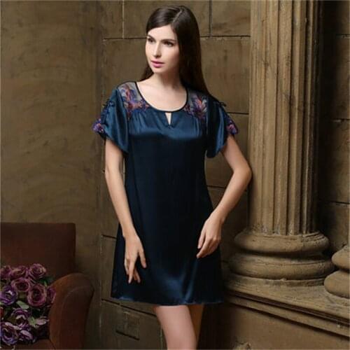 2021 Summer New Short Sleeve Pijama 100% Mulberry Silk Womens Pajamas Sexy Round Neck Dress Pajama Female Home Clothes Sleepwear