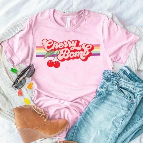 Cherry Print Casual Aesthetic Cute Tshirt Pink Cotton Short Sleeve Graphic Rainbow Letter Tees Loose Round Neck Shirts For Women