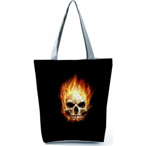 Burning Skull Print Black Handbags for Women New Cool Tote Female Fashion Simple Shoulder Bag Eco Friendly Portable Shopping Bag