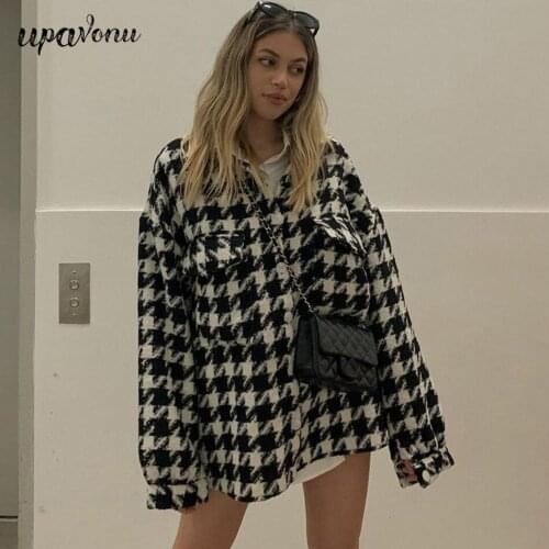 Free Shipping 2021 New Fashion Houndstooth Tweed Plaid Shirt Jacket Women Lapel Long Sleeve Pocket Single Breasted Loose Jacket