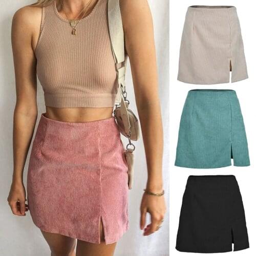 Women Sweet Sexy High Waist Corduroy Split A-Line Skirts Solid Slim Fit Club Holiday Sport Casual Fashion Mini Skirt Streetwear