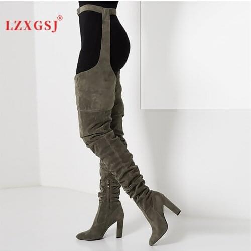 2021 Women Sexy Belt Thigh High Boots Suede Thick High Heels Shoes Autumn Winter Fashion Plus Size Over The Knee Boots Female