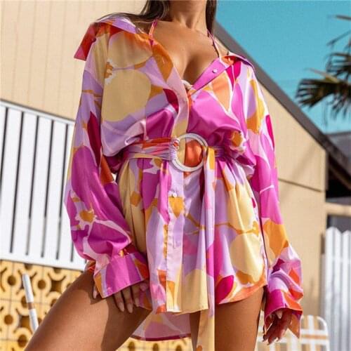 Thorn Tree 2021 Floral Print Long Sleeve Dress High Waist With Belt Women Beach Summer Fall Sexy V Neck Casual Short Mini Dress