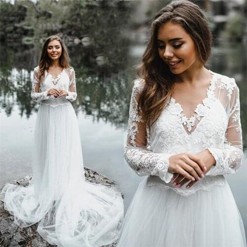 Boho Long Sleeve Wedding Dresses with Jacket Bridal Gown Lace Appliques A-Line Bohemian Bride Dress Sweep Train Vestido De Novia