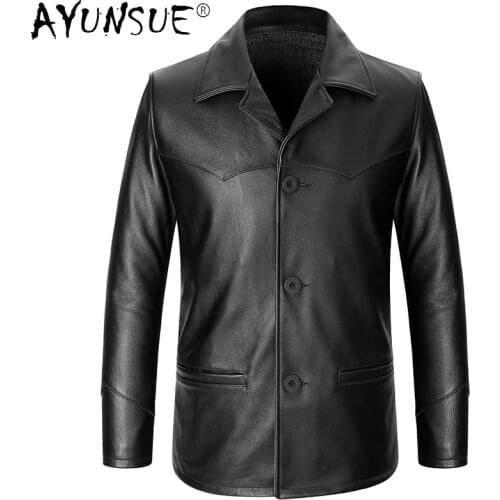 AYUNSUE Mens Genuine Leather Jacket for Men Spring Autumn 100% Cow Leather Coat Men Leather Jackets Blazer 1672-1919 KJ5138