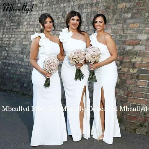 White Bridesmaid Dresses Mermaid One Shoulder Elastic Satin African Split Bridesmaid Dress Plus Size for Women Wedding