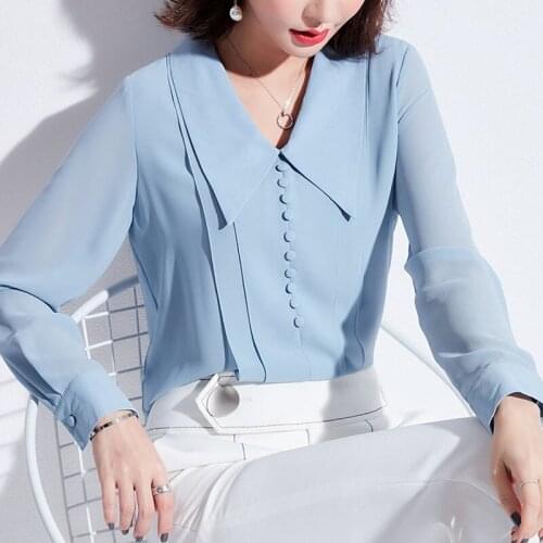 Spring Autumn Female Women Korean Style Blue Yellow Long Sleeve Chiffon Blouse Shirt , Loose Buttons Blouses Shirts For Women