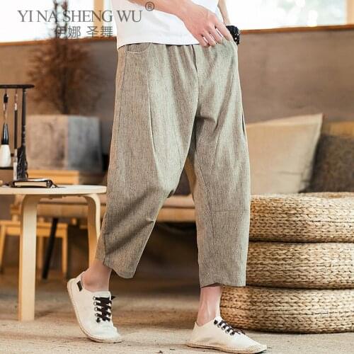 New Fashion Mens Casual Harajuku Harem Pants Summer Straight Trousers Mens Pants Male Chinese Style Solid Calf-length Pants 5XL
