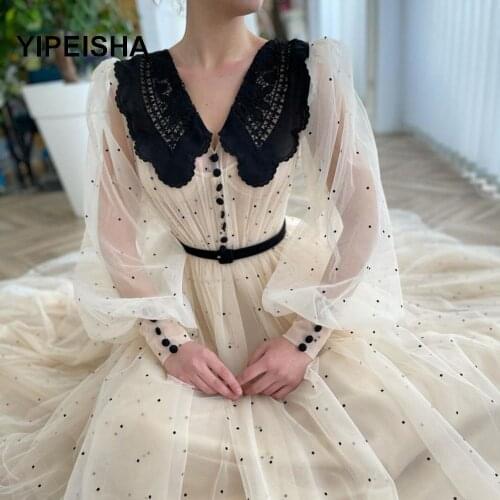 Tea Length Prom Dresses Dotted Tulle with Embroidered Neck Creamy Color with Black Dots Belt Evening Wedding Party Dress