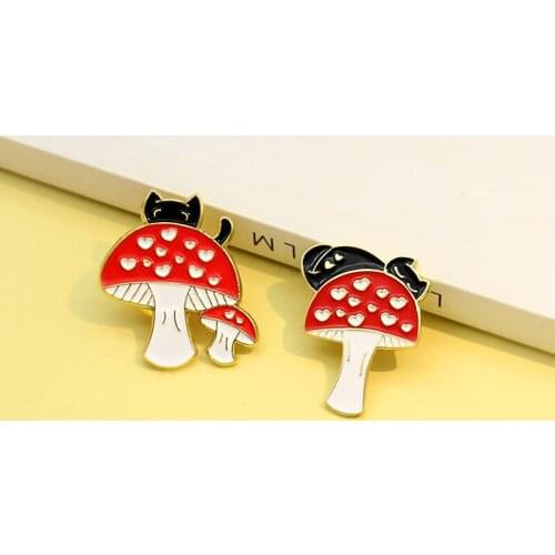 Cartoon Cute Red Mushroom Black Cat Enamel Brooch Animal Alloy Pins Sweet Badge Accessories Woman Jewelry Gift For Friends