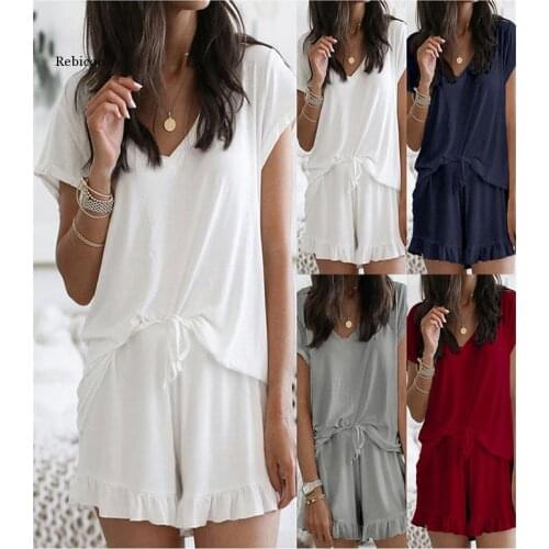 Two-Piece Suit Ruffle Set Women Clothes Loose Summer Pajamas Sleepwear Fashion Solid Casual Top Shorts