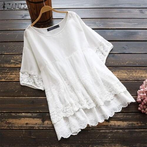 Summer Lace Blouse ZANZEA Casual Solid Hollow Patchwork Shirt Fashion Women Short Sleeve Cotton Pleated Tunic Tops Female Blusas