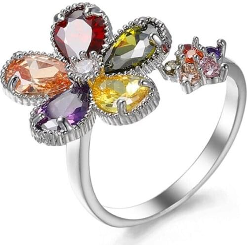 MOONROCY Drop Shipping Wholesale CZ Rings Cubic Zirconia Red Green Colourful Crystal Wedding Ring for Women Girl Gift for Party