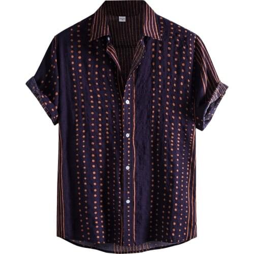 Vintage Polka Dot Stripe Print Mens Shirts Bussinessman Social Shirt Short Sleeve Turn Down Collar Camisas Blouse Chemise Homme