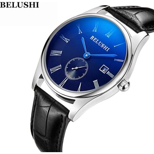 BELUSHI Genuine Leather Mens Business Casual Wrist Watch Factory Selling Quartz Watch Men Clock Date Quartz-watch Mens Watches