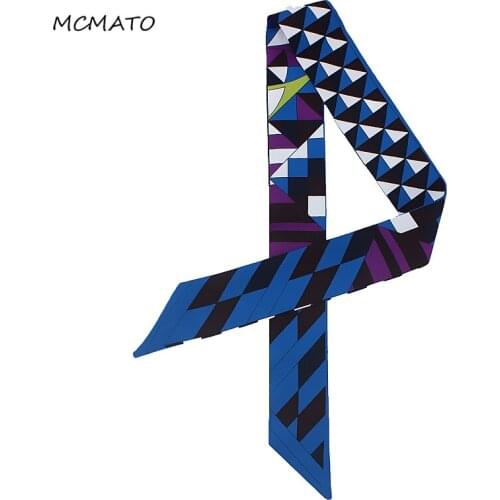 2019 New Scarf Geometric Plaid Print Small Scarf Women Silk Scarf Fashion Brand Handle Bag Ribbon Strap Long Female Scarves