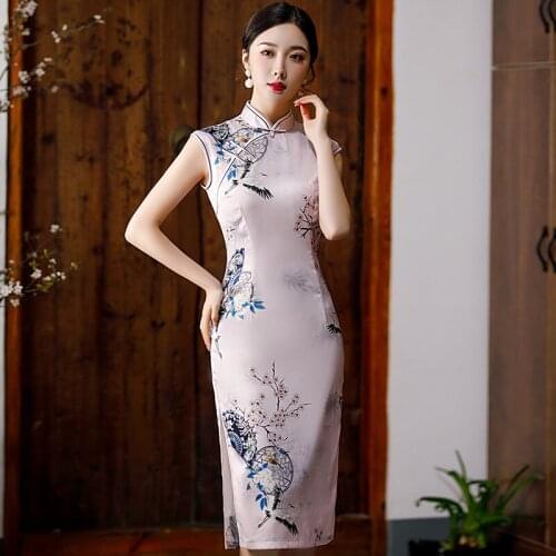 Slim Sexy Chinese Traditional Mid Length Cheongsam Large Size 3XL Bride Wedding Dresses Satin Female Print Flower Long Vestidos