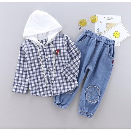 Spring Fall Fashion Toddler Girl Clothes 2pcs Set Plaid Patchwork Hoodies Single Breasted Tops+jeans Baby Boy Clothes Sets 0-3Y