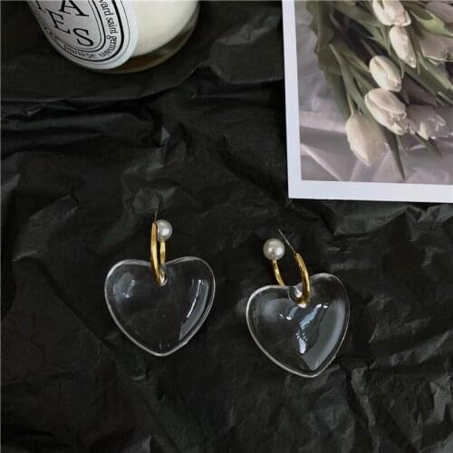 Origin Summer Sweet Transparent Love Heart Earrings for Women Gold Color Metal Hook Clear Resin Arcylic Dangle Drop Earrings