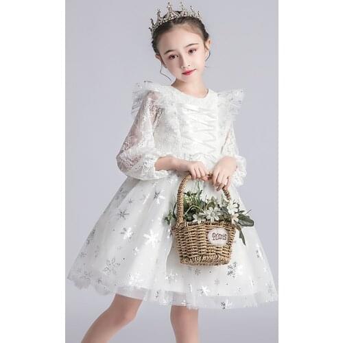 Autumn Costume Sequined Lantern Sleeve Kids Girls Princess Party Mesh Dress Girl Party Evening Dress Ball Gown 4-9T white