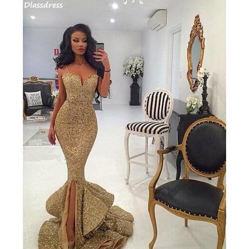 Gold Sequin Prom Dress Mermaid Sexy Split Spaghetti Strap Sweetheart Neck Layer Tiered Luxury Evening Dress коктейльные платья