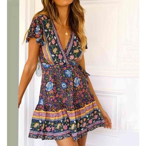 Sexy Woman Dress Boho Floral Print Sexy Deep V Mini Dress for Women Summer Short Sleeve A-Line Dress Beach Dress Vestidos femme