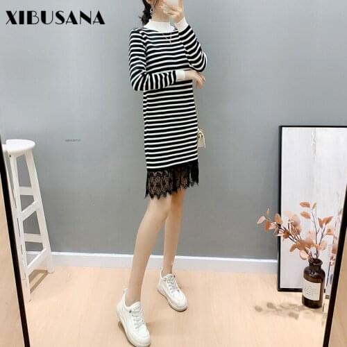 Casual Striped Knitted Long Dress Autumn Long Sleeve Half Turtleneck Women Knitting Dresses Female Lace Patchwork Mujer Vestidos