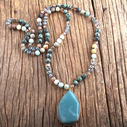 RH Fashion Boho Jewelry Natural Stones Knotted Amazonite Stone Pendant Necklace For Women Gift Dropship